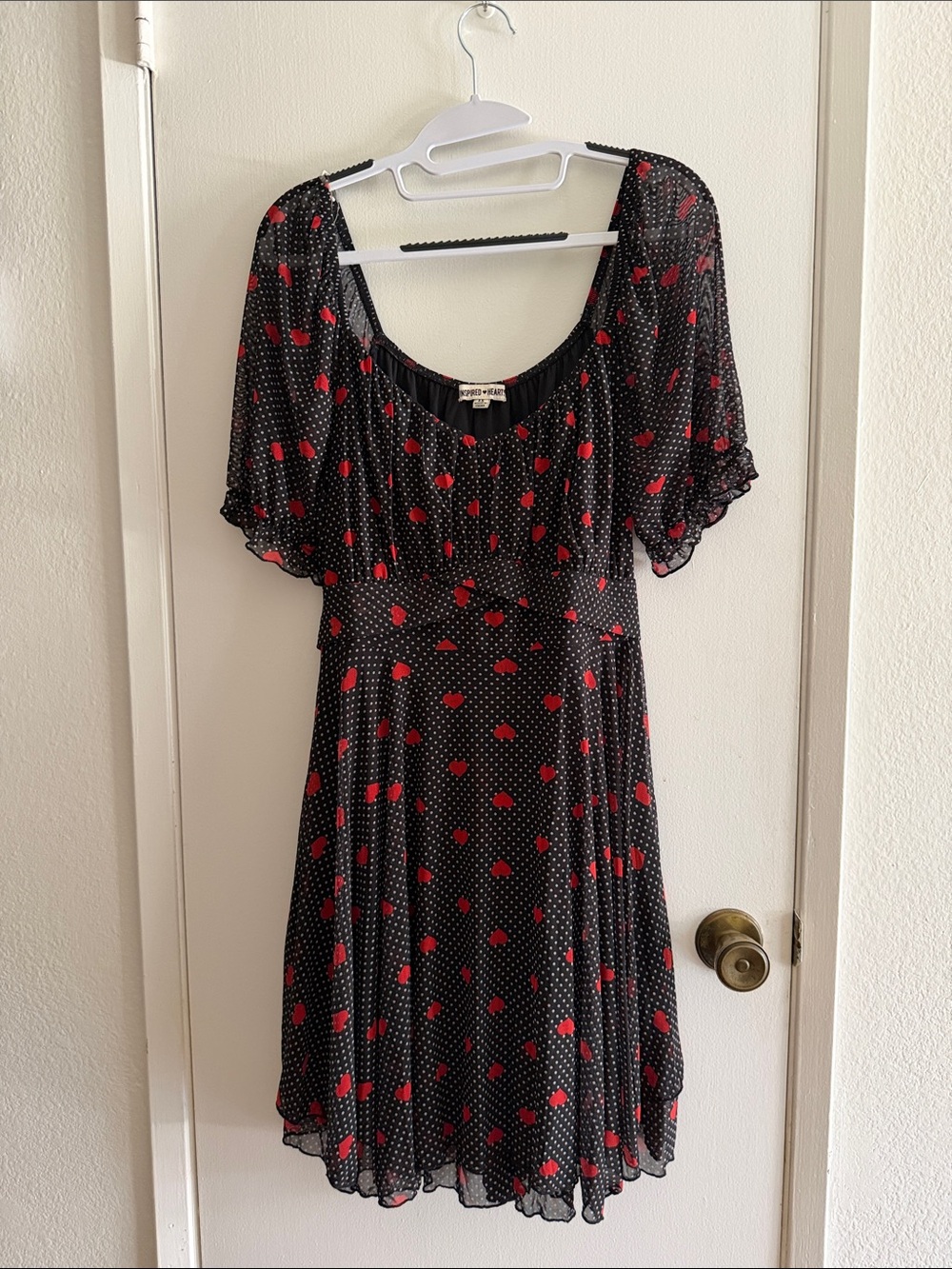 Inspired Hearts Black Dress with Red Floral and White Polka Dots